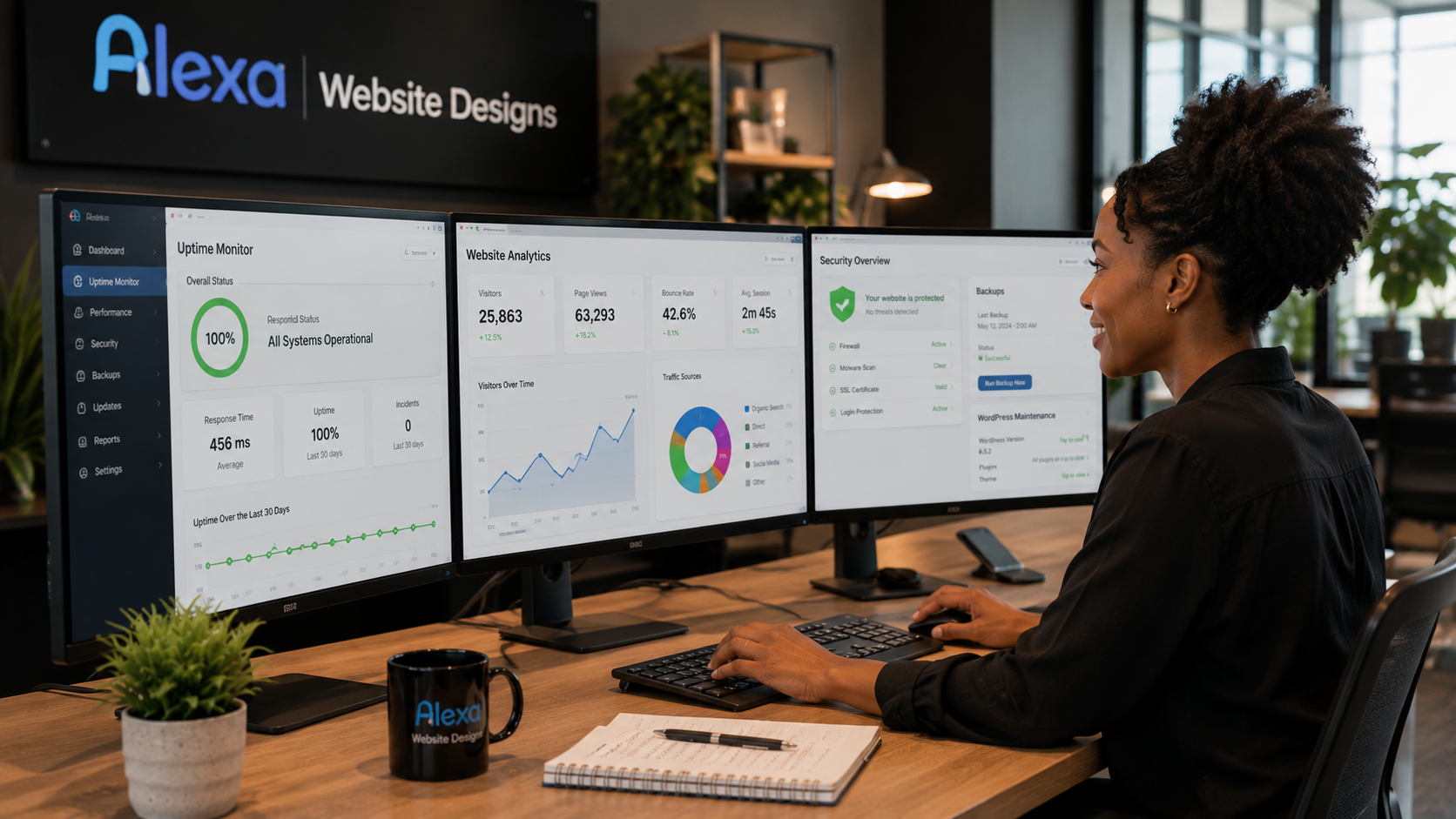 Tech support workspace with dynamic monitoring - Alexa Website Designs Website Hosting & Maintenance